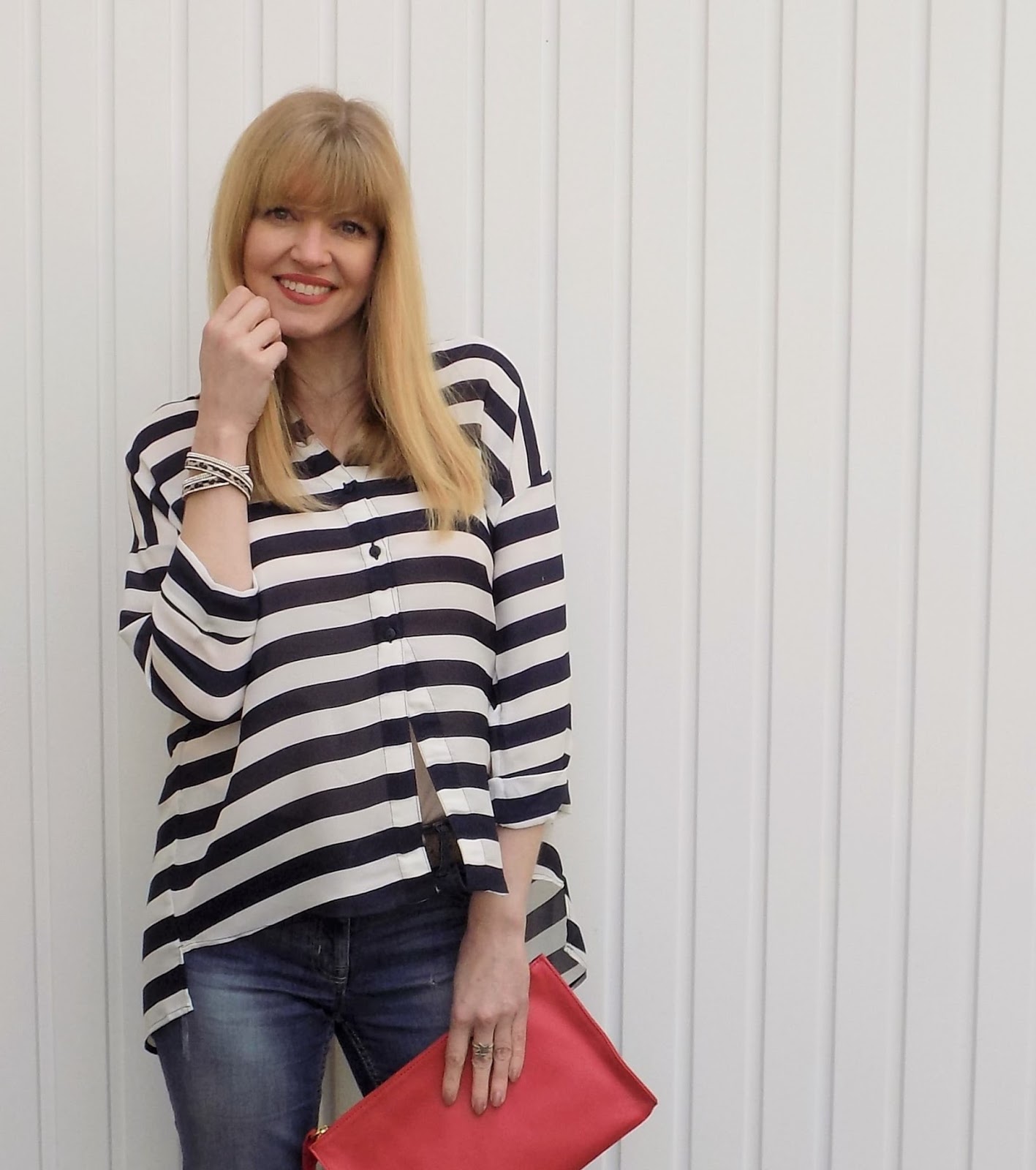 Navy Striped Shirt with Boyfriend Jeans and Leopard Print Shoes